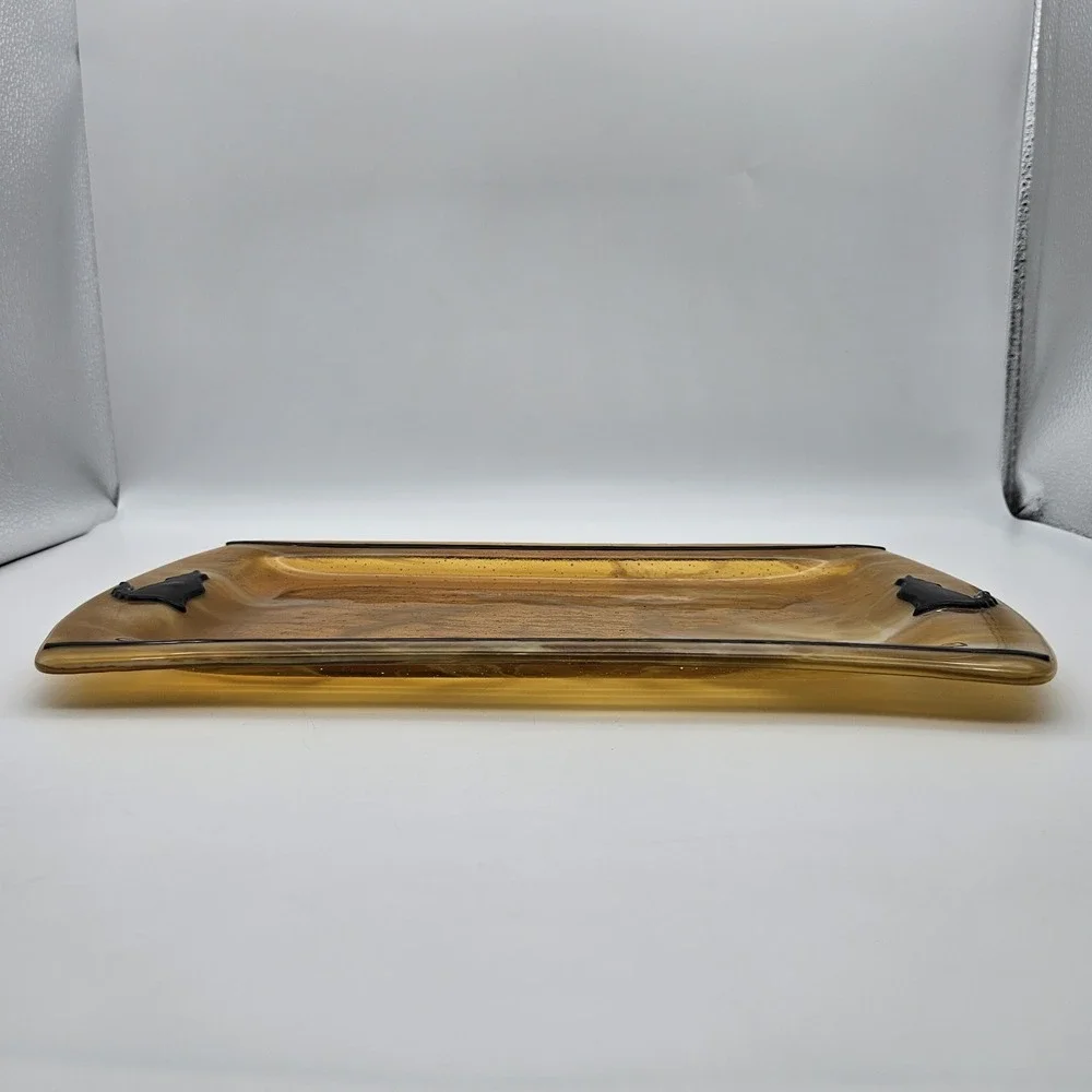 Southwest Coyote Fused Art Slag Glass Platter Dish Brown Black Handmade 14.5
